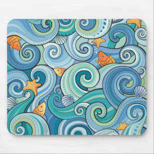 Fish Among The Waves Pattern Mouse Mat