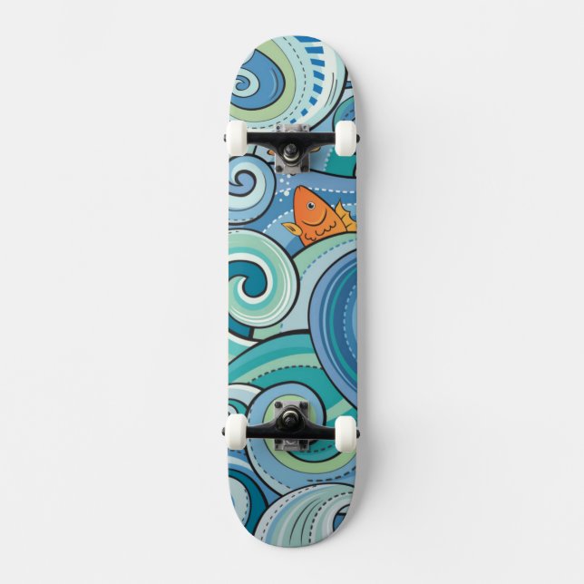 Fish Among The Waves Pattern Skateboard (Front)