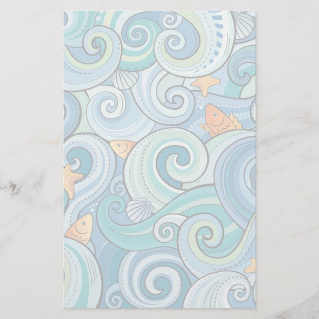 Fish Among The Waves Pattern Stationery (Front)
