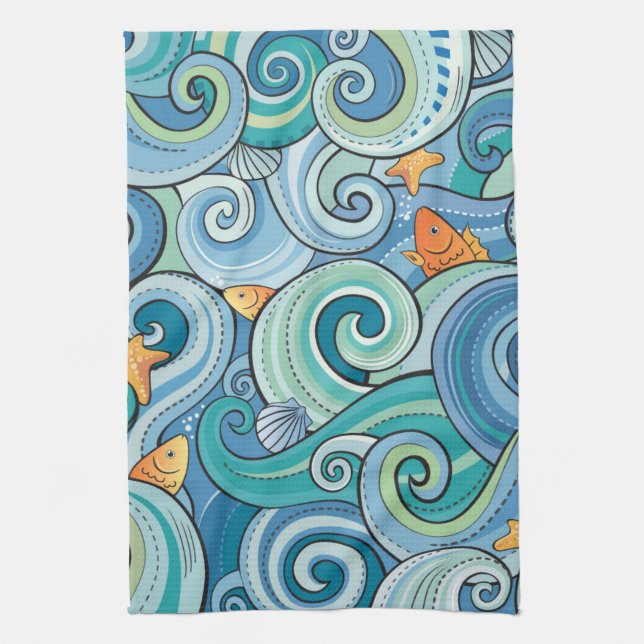 Fish Among The Waves Pattern Tea Towel (Vertical)