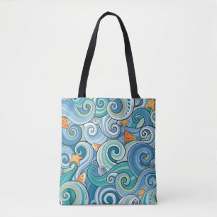 Fish Among The Waves Pattern Tote Bag