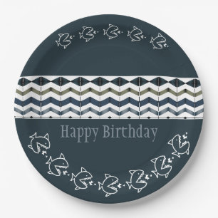 Fish And A Wavy Pattern Of Blues Birthday Paper Plate