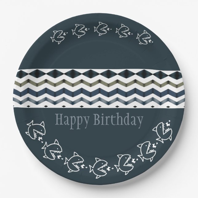 Fish And A Wavy Pattern Of Blues Birthday Paper Plate (Front)