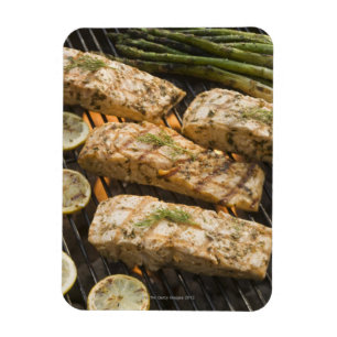 Fish and asparagus cooking on grill magnet