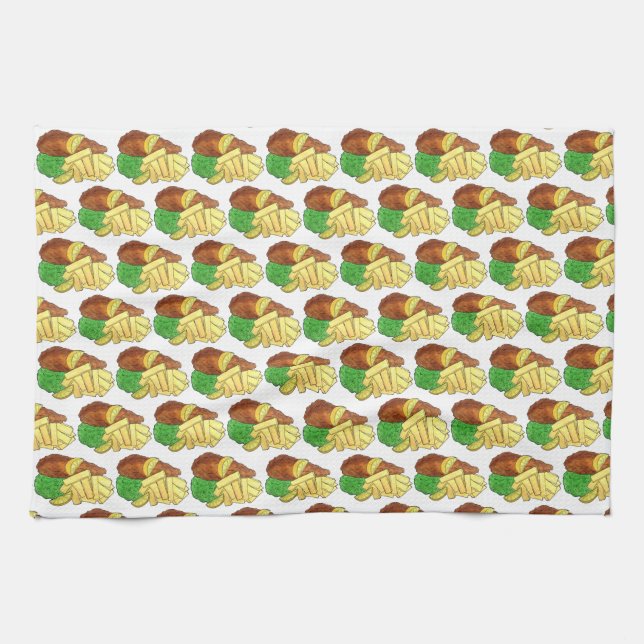 Fish and Chips Peas British Pub Chip Shop Takeaway Tea Towel (Horizontal)