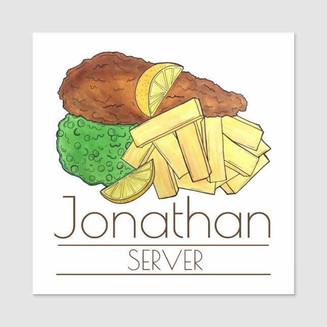Fish and Chips Peas British Pub Restaurant Food Name Tag (Front)