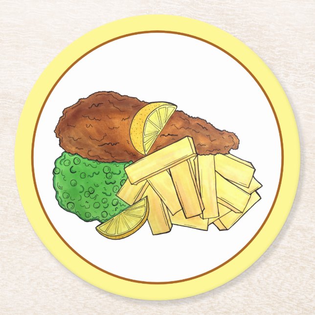 Fish and Chips Peas British Pub Restaurant Food Round Paper Coaster (Front)