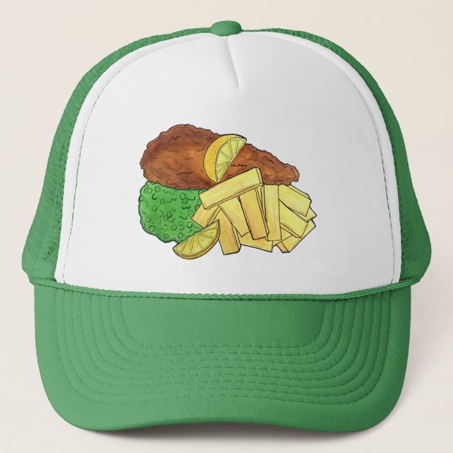 Fish and Chips Peas British Pub Restaurant Food Trucker Hat (Front)