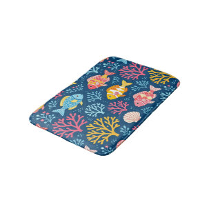 Fish and coral nautical blue bath mat