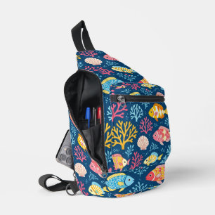 Fish and coral nautical blue sling bag