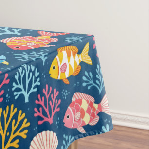 Fish and coral nautical blue tablecloth