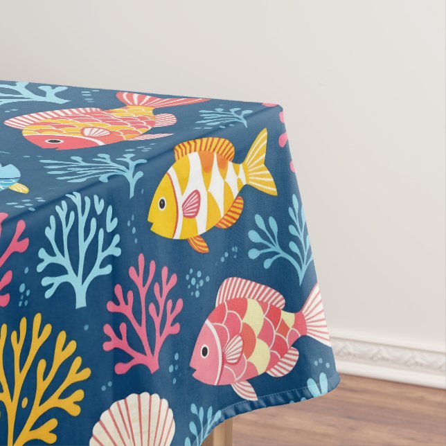 Fish and coral nautical blue tablecloth (In Situ)