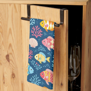 Fish and coral nautical blue tea towel