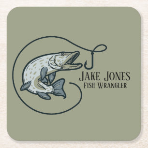 Fish and Hook Personalised Square Paper Coaster
