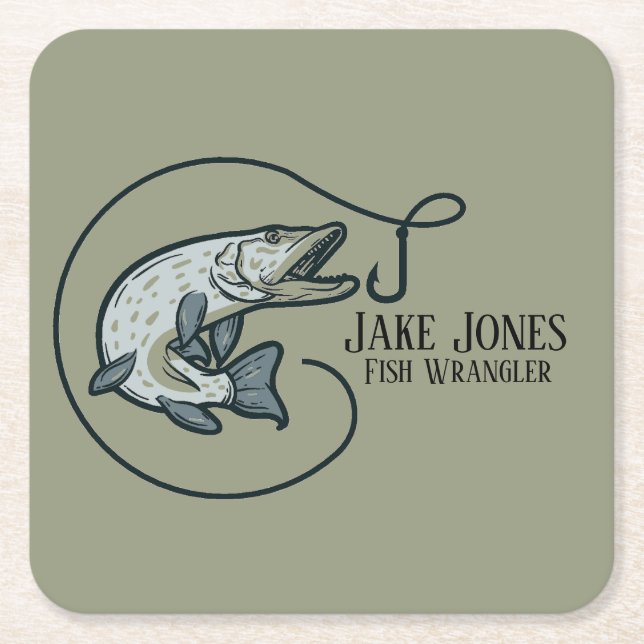 Fish and Hook Personalised Square Paper Coaster (Front)