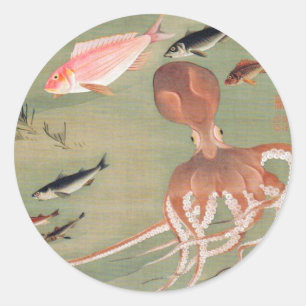 Fish and Octopus Marine Life Illustration Classic Round Sticker