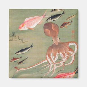 Fish and Octopus Marine Life Illustration Magnet
