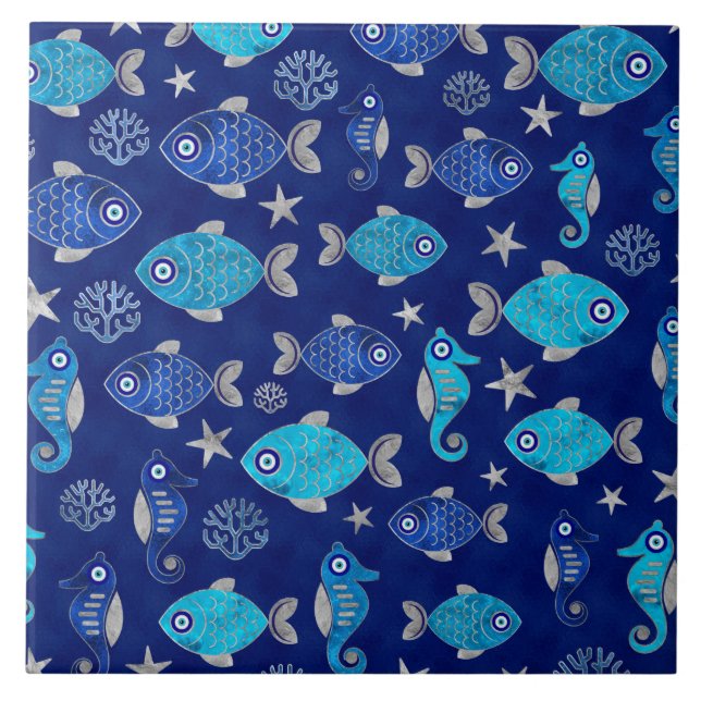Fish and Seahorse Evil Eye Pattern Tile (Front)