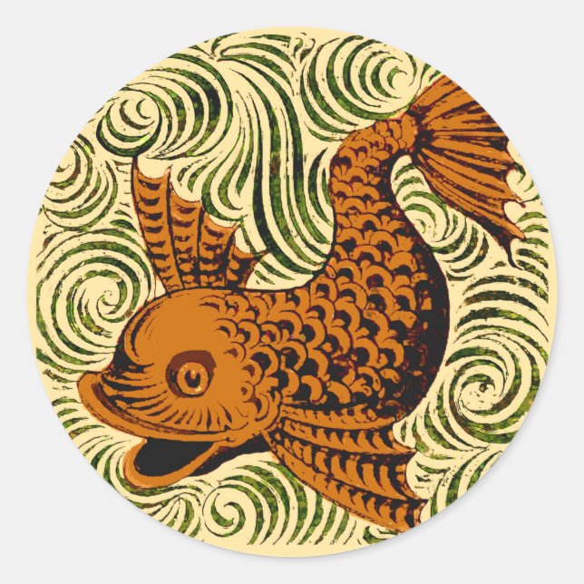 Fish Antique Tile Old art ancient Classic Round Sticker (Front)