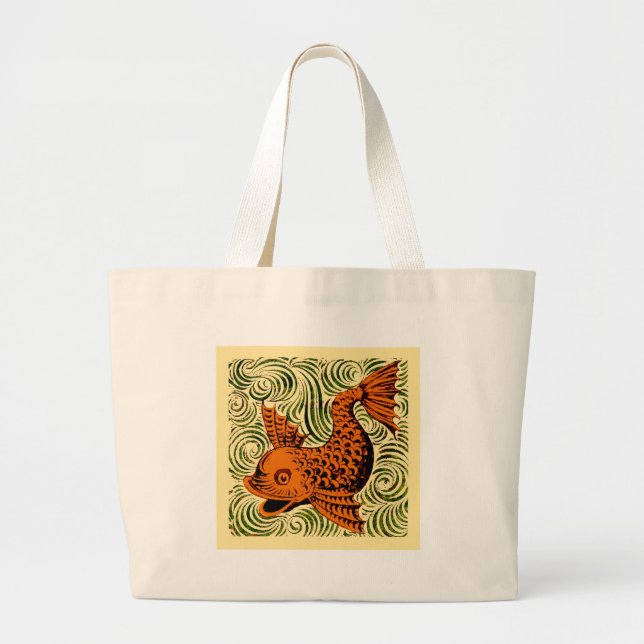 Fish Antique Tile Old art ancient de morgan art Large Tote Bag (Front)