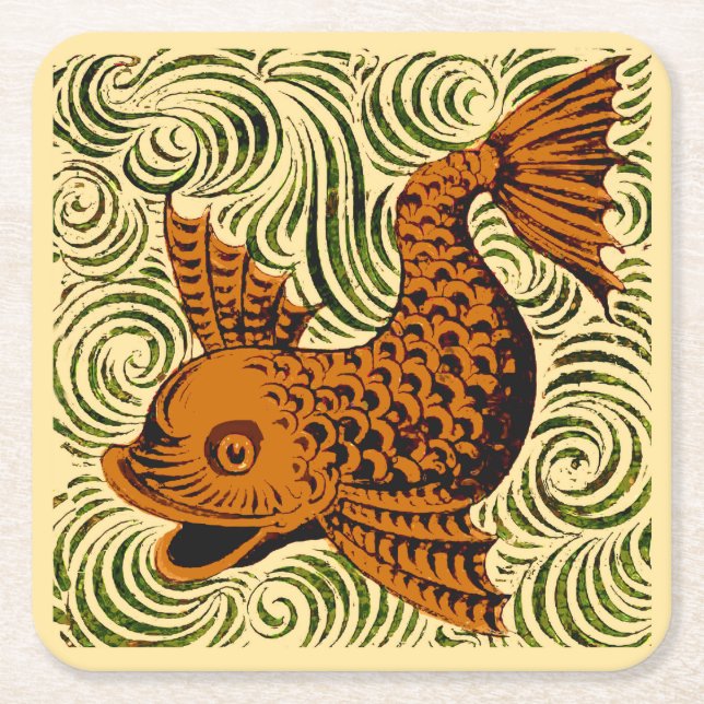 Fish Antique Tile Old art ancient de morgan art Square Paper Coaster (Front)
