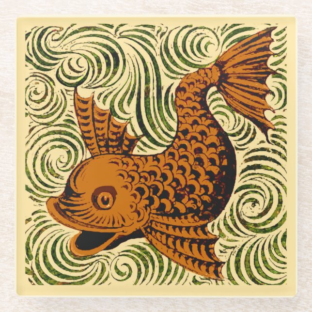 Fish Antique Tile Old art ancient Glass Coaster (Front)