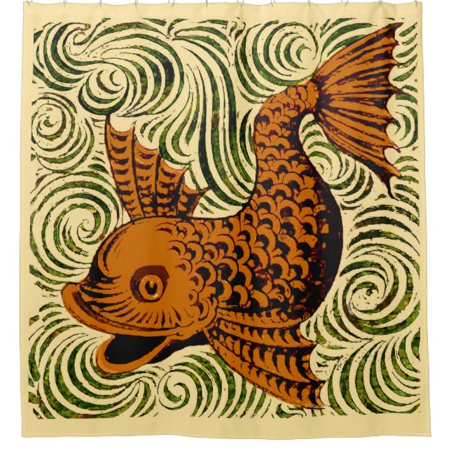 Fish Antique Tile Old art ancient Shower Curtain (Front)