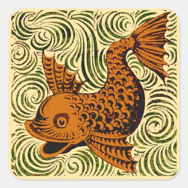 Fish Antique Tile Old art ancient Square Sticker (Front)