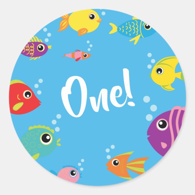 Fish Aquarium 1st Birthday Thank You Sticker Seals (Front)