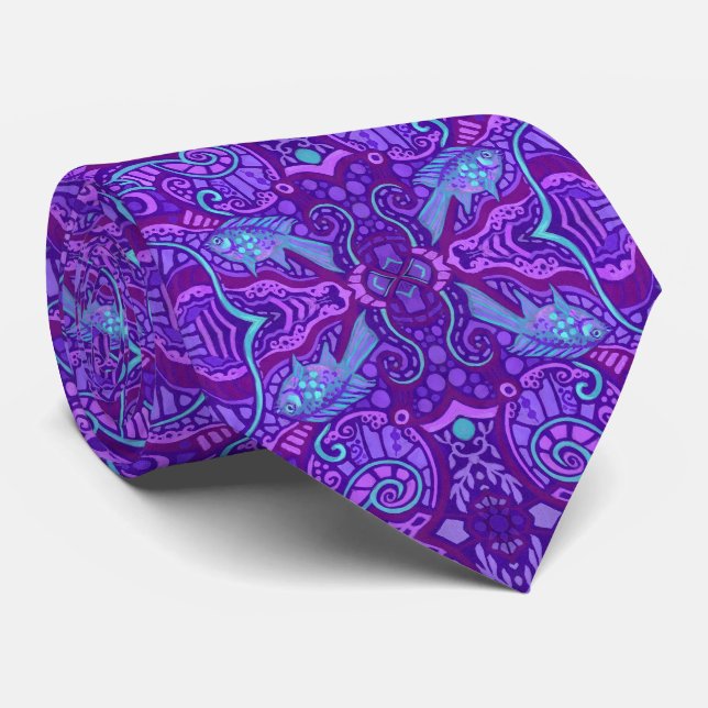 Fish Arabesque Underwater Bohemian Pattern Purple Tie (Rolled)