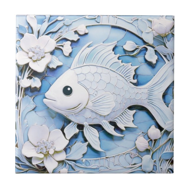 Fish Art Nouveau Faux Relief Blue Sea Ocean Life Tile (Front)