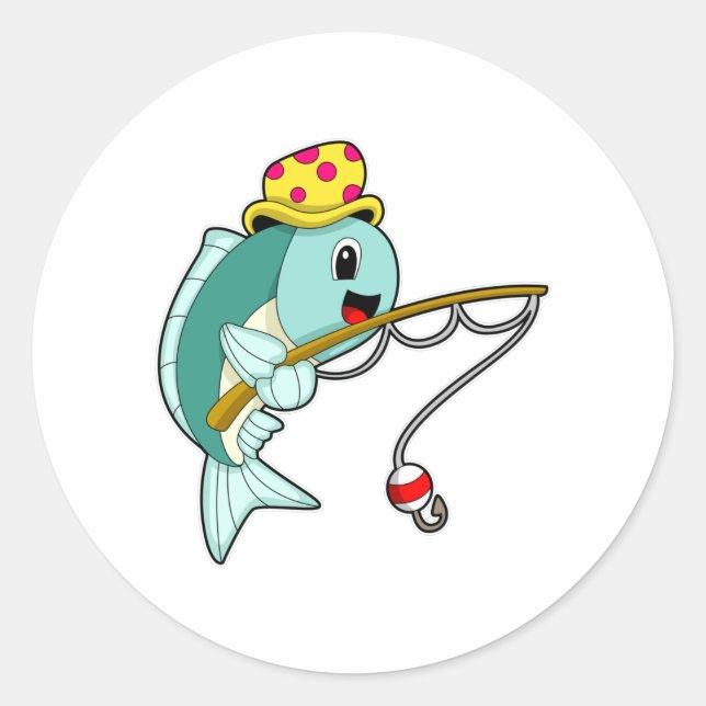 Fish at Fishing with Fishing rod & Hat Classic Round Sticker (Front)