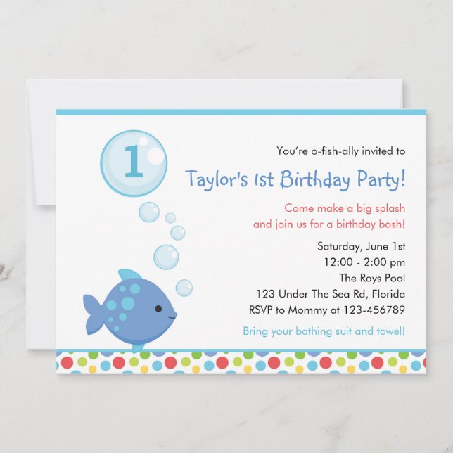 Fish Birthday Invitations (Boys) with Bubbles (Front)