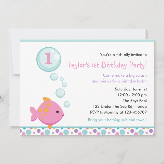 Fish Birthday Invitations (Girls) with Bubbles (Front)
