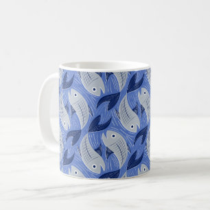 Fish block print - blue coffee mug