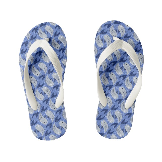 Fish block print - blue kid's flip flops (Footbed)