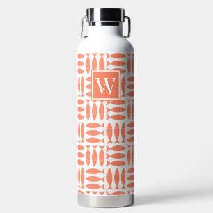Fish Block Print Nautical - White & Coral Monogram Water Bottle
