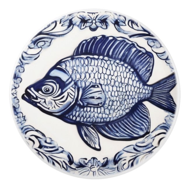 Fish Blue and White Sea & Ocean Left facing Ceramic Knob (Front)