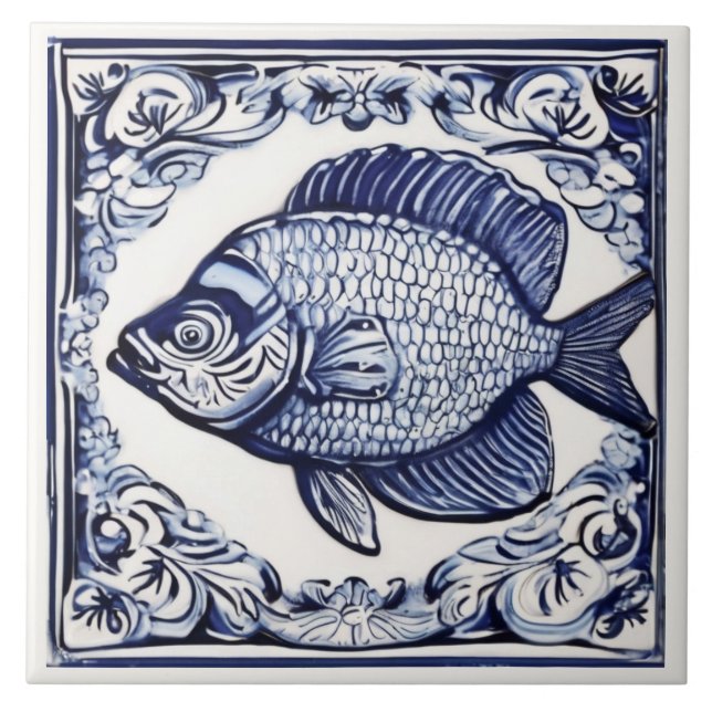 Fish Blue and White Sea & Ocean themed Beach House Tile (Front)