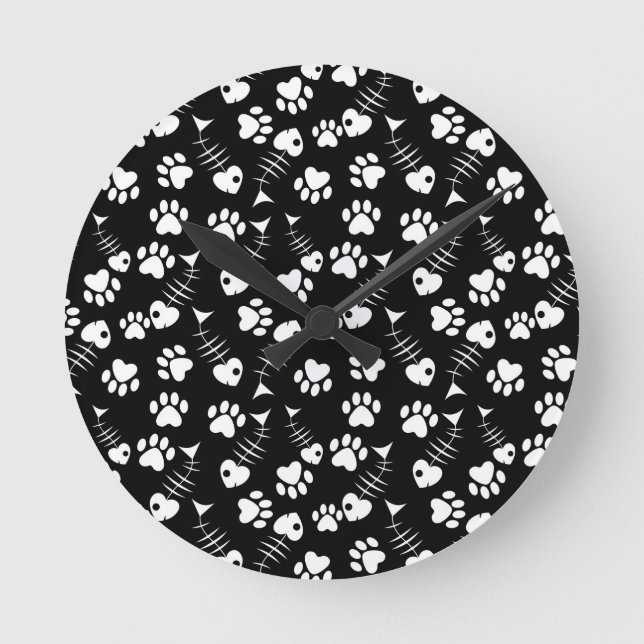 fish bone cat print pattern round clock (Front)