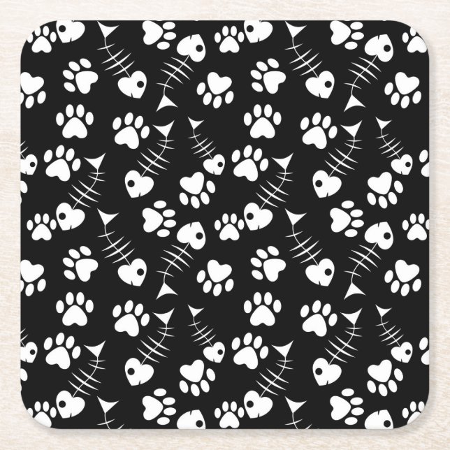 fish bone cat print pattern square paper coaster (Front)
