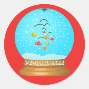 Fish bowl snow globe cute red blue classic round sticker