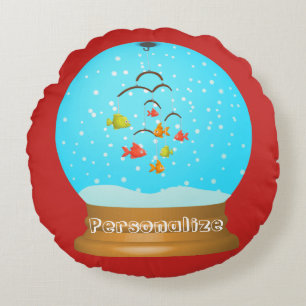 Fish bowl snow globe cute red blue round cushion