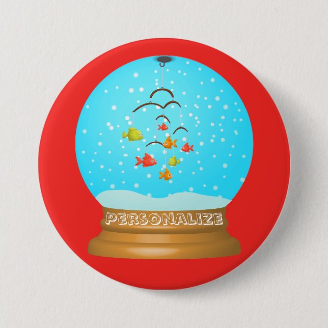 Fish bowl snow globe cute red blue whimsical  7.5 cm round badge (Front)