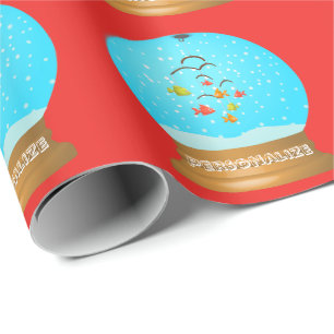 Fish bowl snow globe cute red blue wrapping paper