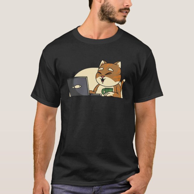 fish cat drinking coffee watching leptop T-Shirt (Front)