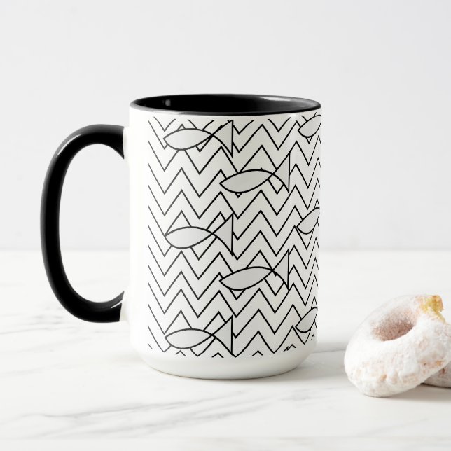 Fish Chevron Stripe Geometric Pattern Mug (With Donut)