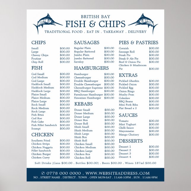 Fish & Chip Shop Restaurant Menu Poster (Front)