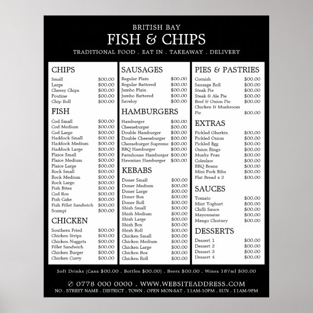Fish & Chip Shop Restaurant Menu Poster (Front)