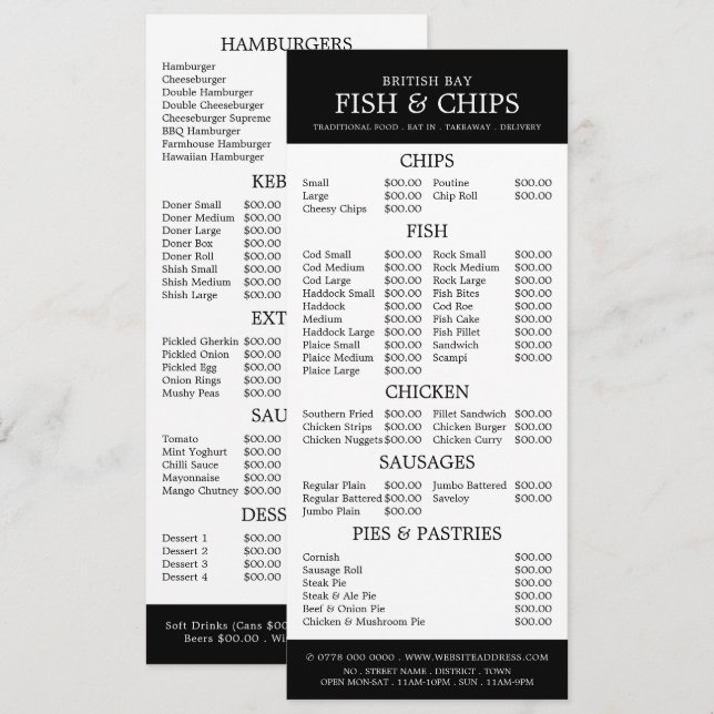Fish & Chip Shop Restaurant Slimline Menu (Front/Back)